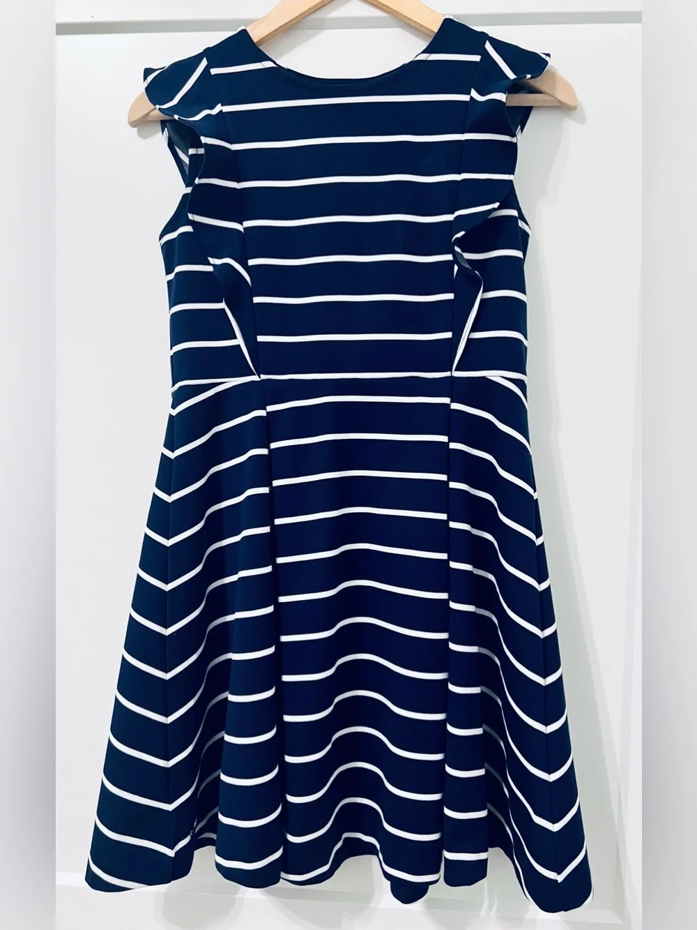 Polo Ralph Lauren Girls XL 16 Navy and white Stripe Ruffle Fit Flare Dress